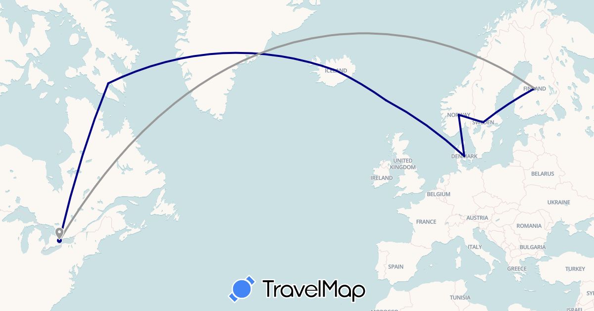 TravelMap itinerary: driving, plane in Canada, Denmark, Finland, Faroe Islands, Iceland, Norway, Sweden (Europe, North America)